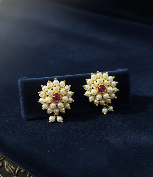 Ruby-Pearl Sunburst Earrings