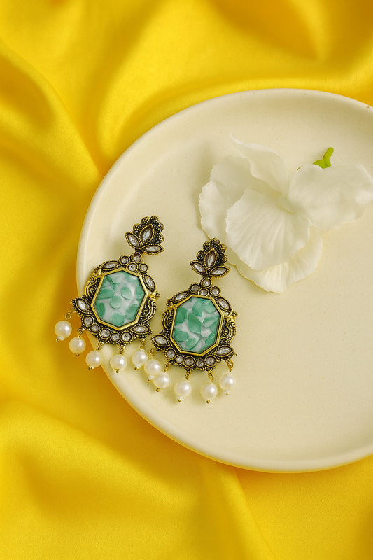 Green Leaf Resin & Pearl Earrings