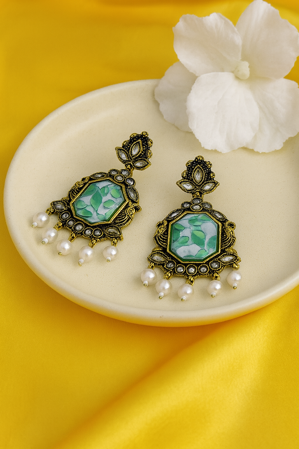 Green Leaf Resin & Pearl Earrings