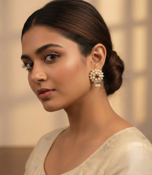 Ruby-Pearl Sunburst Earrings