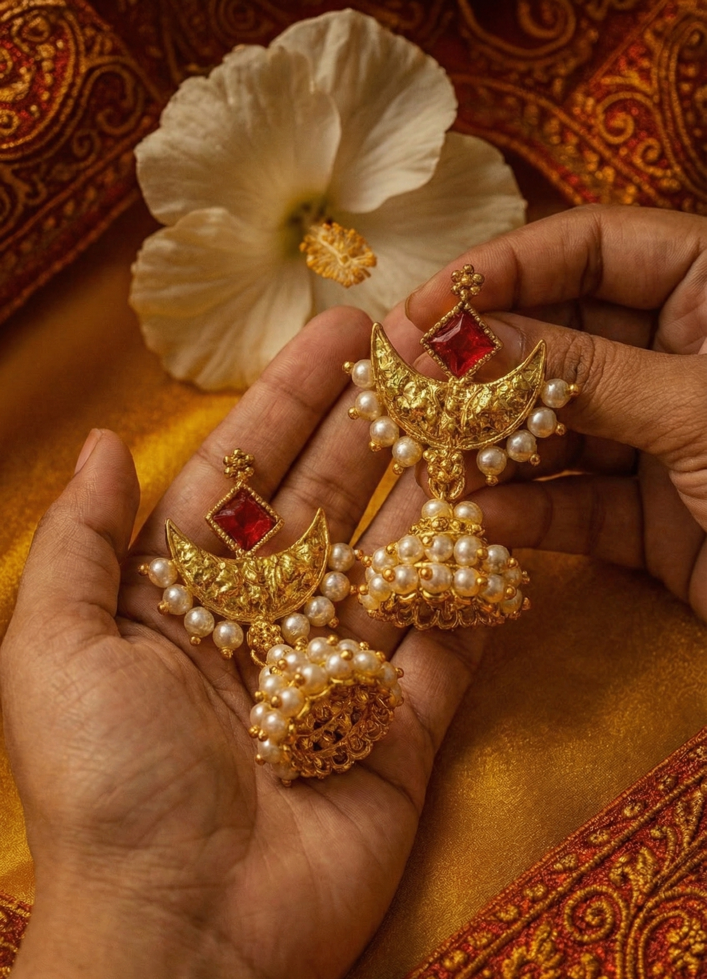 Antique Gold Pearl & Red Stone Chandbali Jhumkas