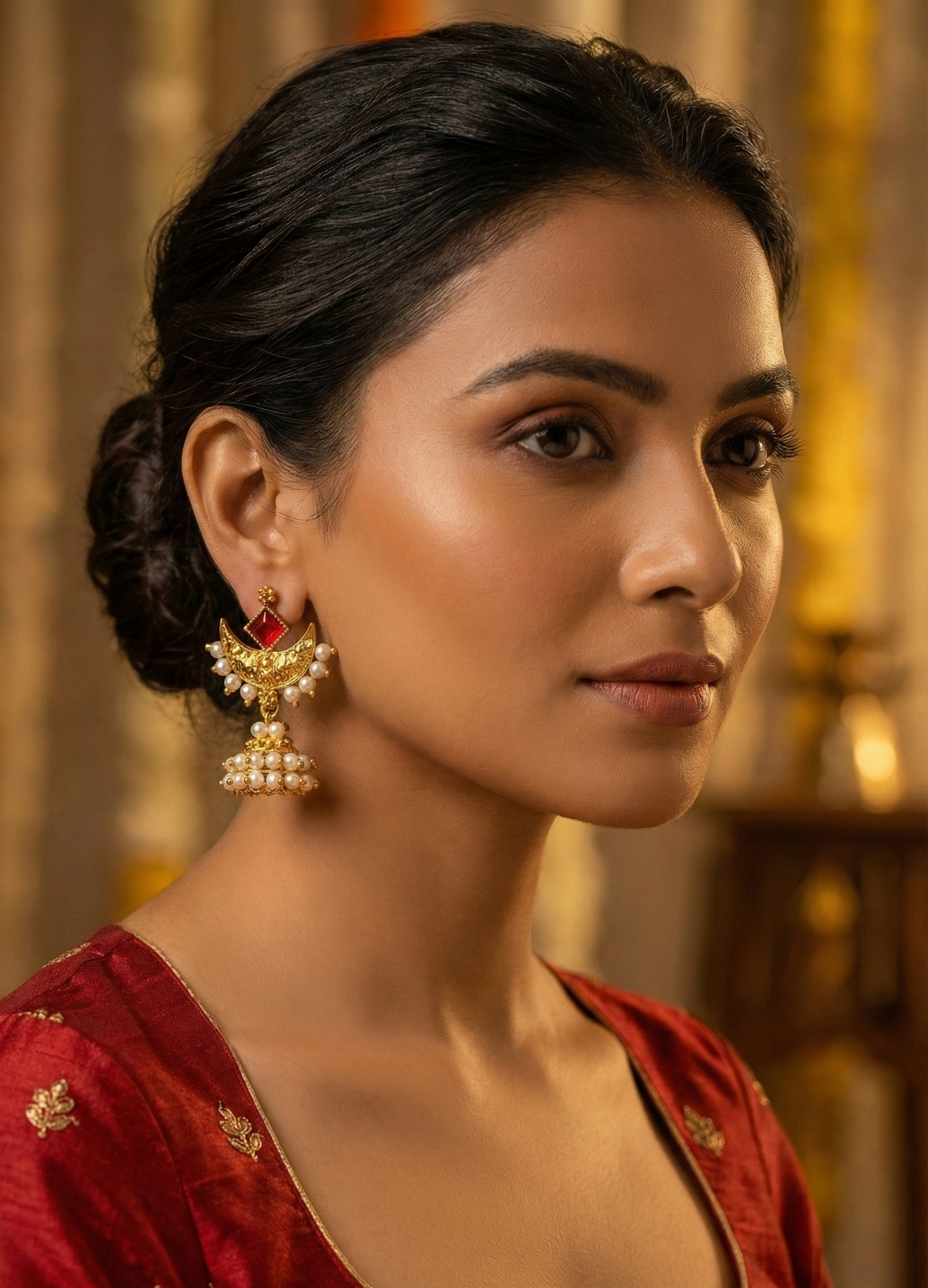 Antique Gold Pearl & Red Stone Chandbali Jhumkas