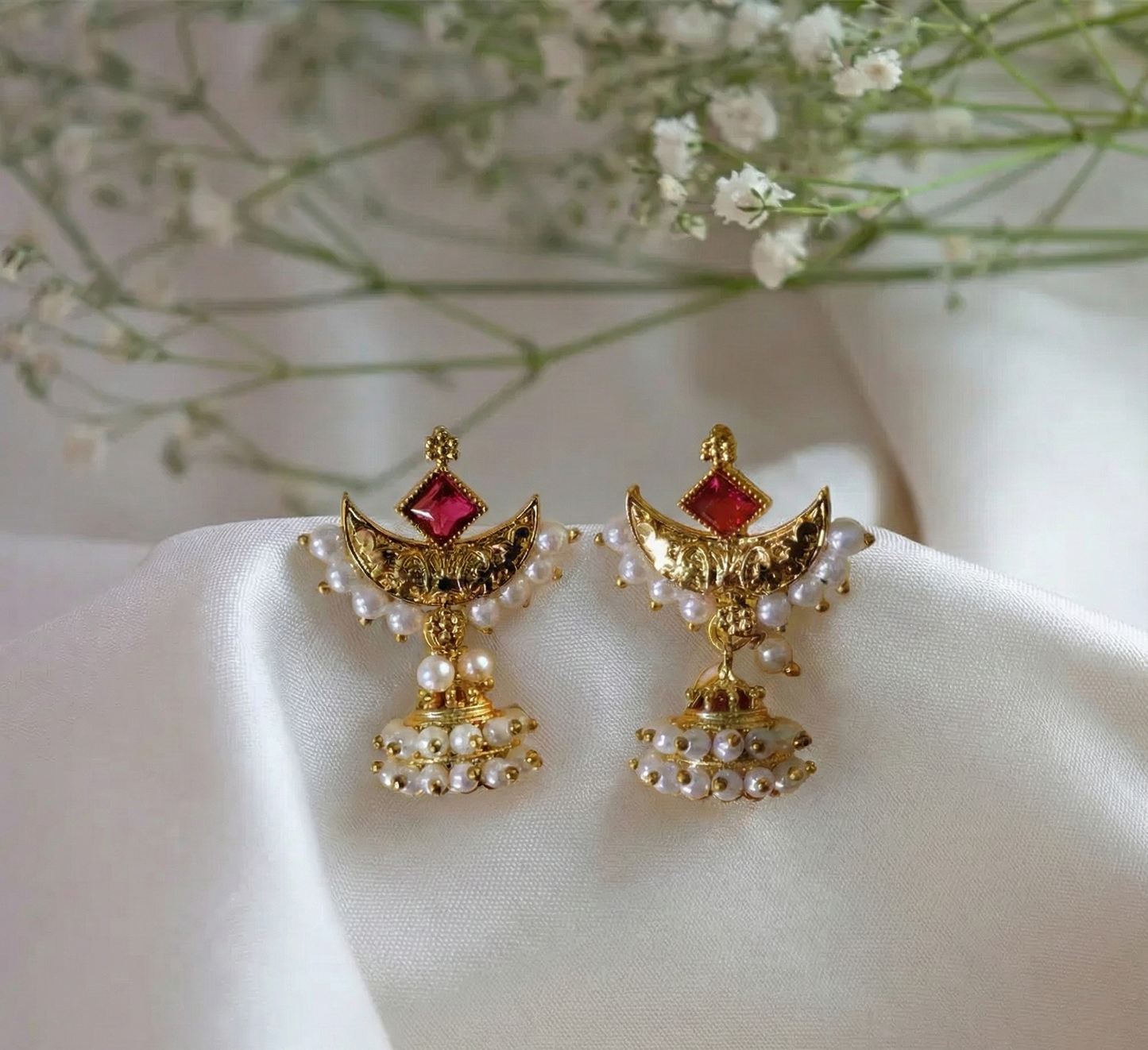 Antique Gold Pearl & Red Stone Chandbali Jhumkas