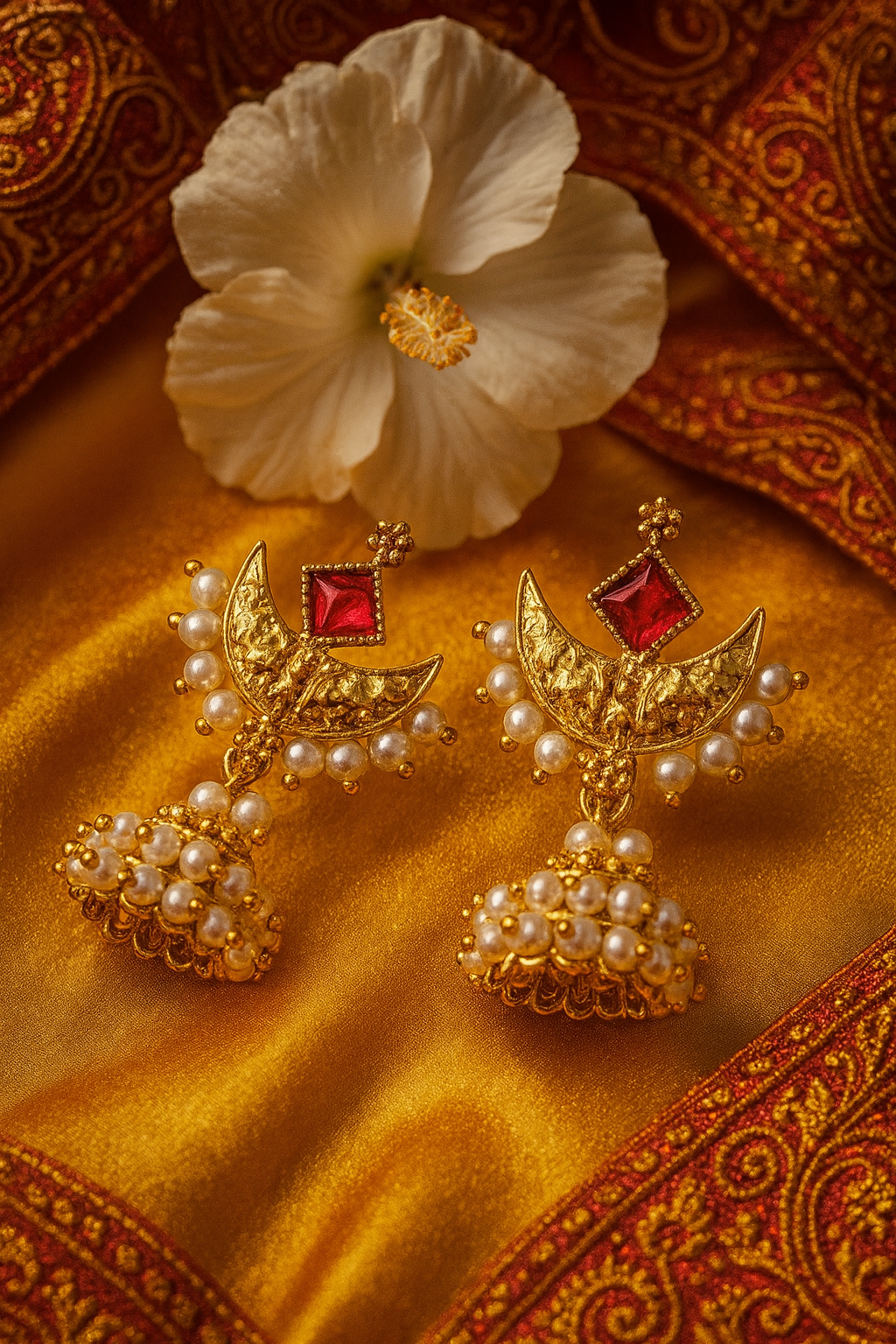 Antique Gold Pearl & Red Stone Chandbali Jhumkas